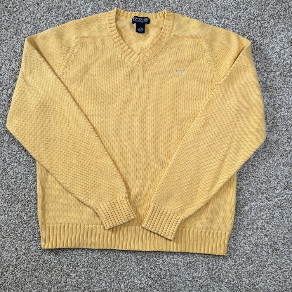 Lands End Mens Size M 38-40 Yellow Embroidered "Jay" Front V Neck Sweater